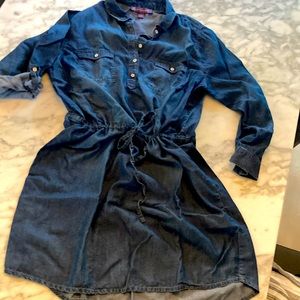 Fun denim dress with long sleeves or roll them up. above the knee.  Drawstring